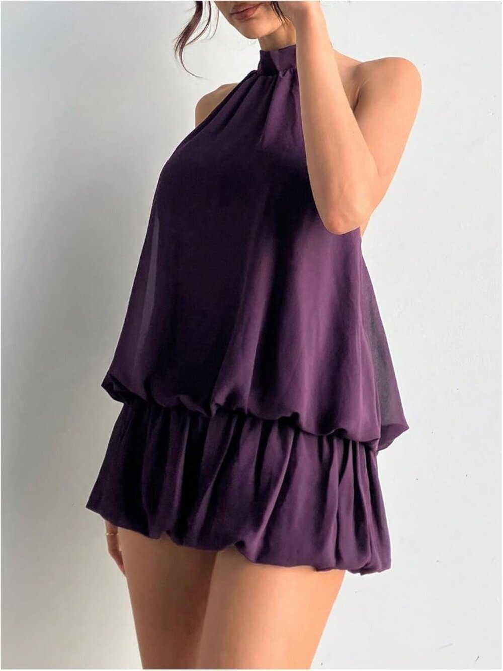 〽️Women's Purple Tie Open Back Sleeveless Ruffle Hem Polyester Halter Dress